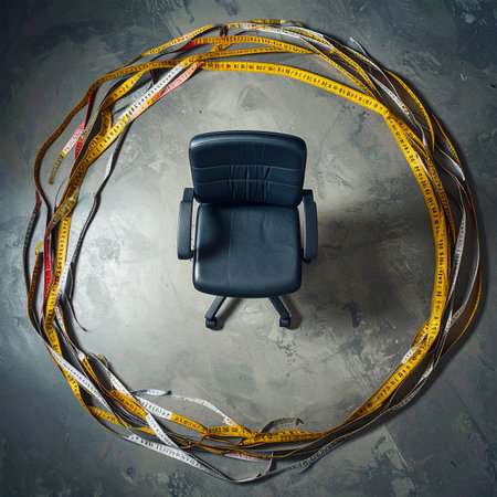 An empty office chair sits in the center of a circle of measuring tapes on a dark concrete floor.の素材
