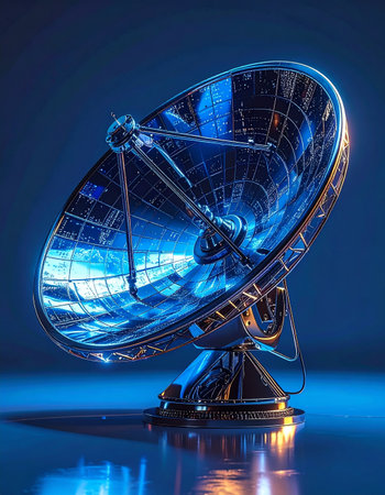 In a state-of-the-art facility bathed in cool blue light, a powerful radio telescope stands ready.の素材