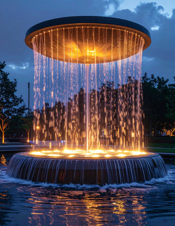 As twilight settles over the city, a modern fountain comes to life with a warm, golden glow.の素材