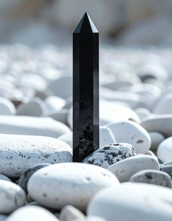 A polished black crystal obelisk stands tall, a symbol of strength and focus amidst a sea of smooth, white pebbles.の素材