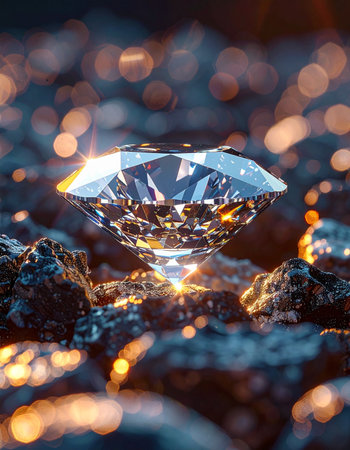A perfectly cut, brilliant diamond emerges from a bed of dark, raw ore.の素材