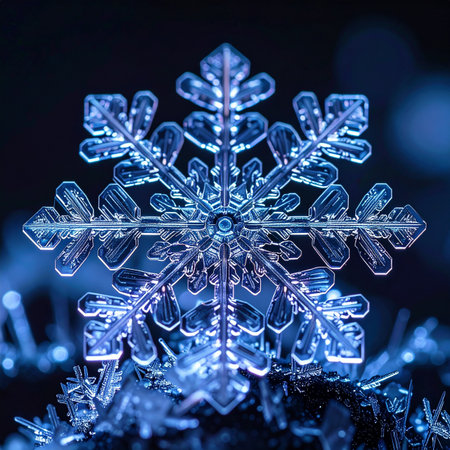 A stunning macro view reveals the intricate and perfectly symmetrical geometry of a single snowflake.の素材