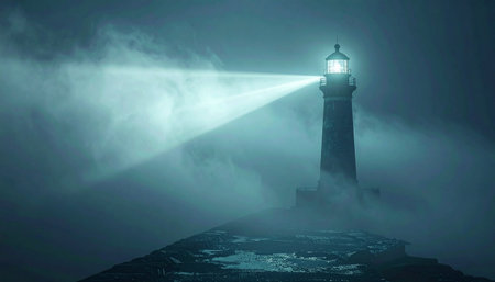 A solitary lighthouse stands firm against the encroaching night, its powerful beam cutting through the dense, mysterious fog.の素材