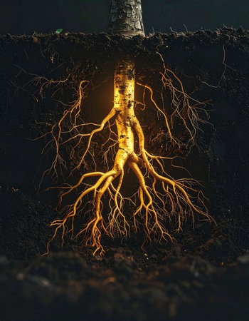 Deep beneath the surface, a hidden source of power glows with a mystical golden light.の素材