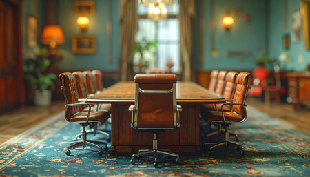 In the quiet moments before a pivotal meeting, the empty leather chairs and polished wooden table await the arrival of key decision-makers.の素材
