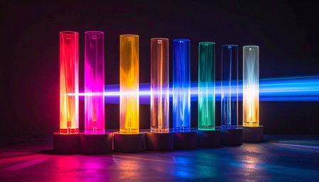In a darkened laboratory, a beam of pure energy passes through a series of glowing vials, each containing a unique chemical compound.の素材