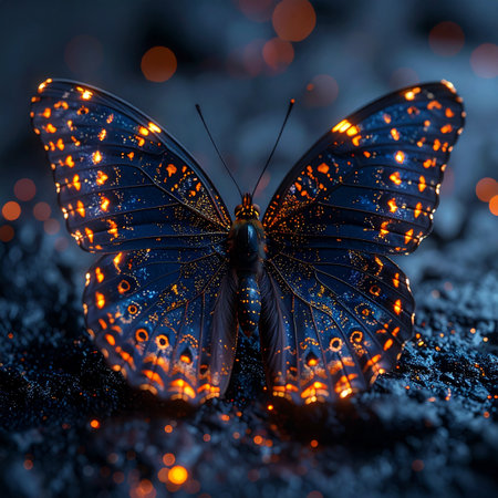 In the heart of a secret, enchanted forest, a rare butterfly rests under the cloak of night.の素材