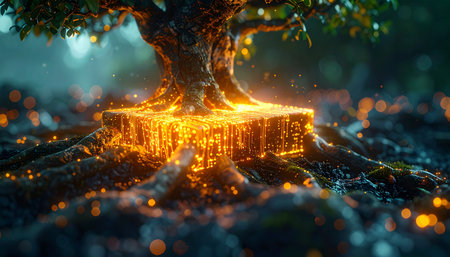 In the heart of an enchanted forest, an ancient tree reveals its secret core.の素材