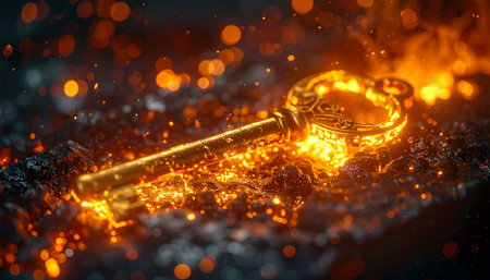 An ornate golden key glows with intense heat, resting on a bed of fiery embers and sparks.の素材