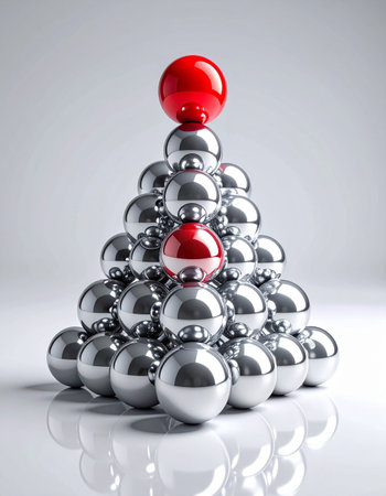 A striking red sphere sits at the pinnacle of a pyramid of silver balls, symbolizing leadership, excellence, and standing out from the crowd.の素材