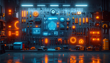 In a high-tech workshop bathed in the cool blue and warm orange glow of neon, a meticulously organized wall of advanced tools and electronic components awaits the next wave of innovation.の素材