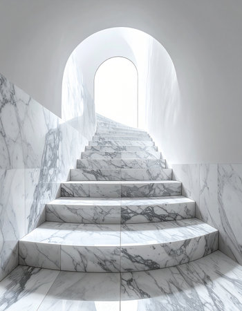 A pristine marble staircase curves gracefully upwards towards a brilliantly lit archway.の素材