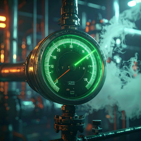 In the heart of a complex industrial machine, a vital pressure gauge glows with an intense green light, its needle steady at a critical level.の素材