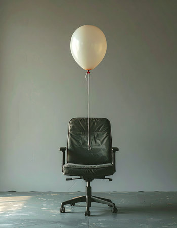 In a stark, empty room, a lone office chair is tethered to a single white balloon.の素材