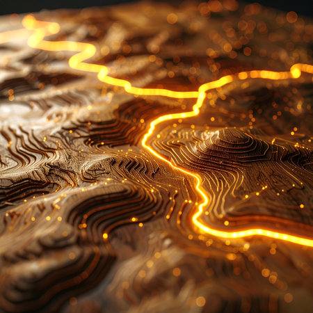 A glowing river of data carves its path through a complex digital topography, representing the constant flow of information and energy in a futuristic network.の素材