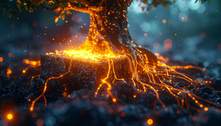 Deep within an enchanted forest, an ancient tree pulses with mystical energy.の素材