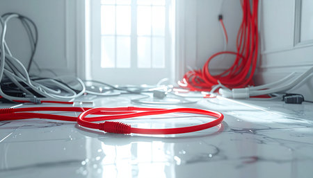 Sunlight streams through a window, illuminating the organized chaos of a room under renovation.の素材