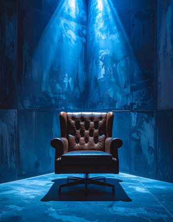 In the center of a dark, empty stage, a single leather armchair sits under the intense glow of a blue spotlight.の素材