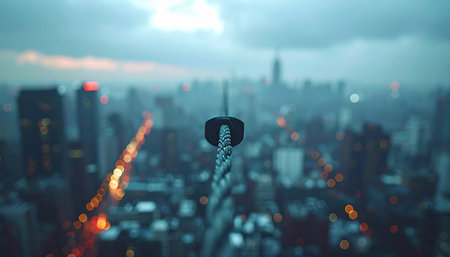 An anonymous figure stands with an umbrella, looking out over a vast, rain-slicked city at dusk.の素材