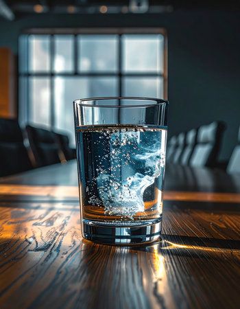A crisp glass of sparkling water sits on a polished wooden conference table, its effervescent bubbles catching the afternoon light from a large window.の素材