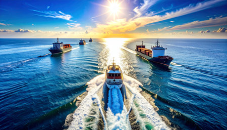 A convoy of large container ships navigates the vast open ocean in perfect formation, heading towards a brilliant sunrise.の素材