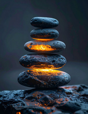 A perfectly balanced stack of dark, smooth stones reveals a powerful, warm glow from within.の素材