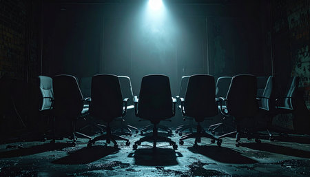 In a dark, silent boardroom, a single spotlight illuminates a circle of empty chairs.の素材