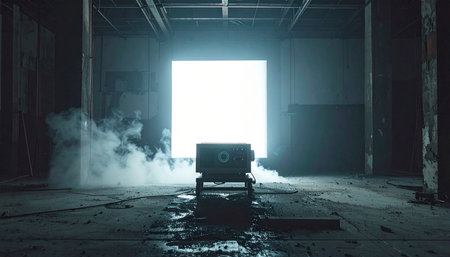 A lone cart sits silhouetted in a dark, smoky industrial corridor, facing a brilliant portal of white light.の素材
