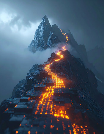 A glowing river of molten rock carves a treacherous path up a colossal, mist-shrouded mountain.の素材