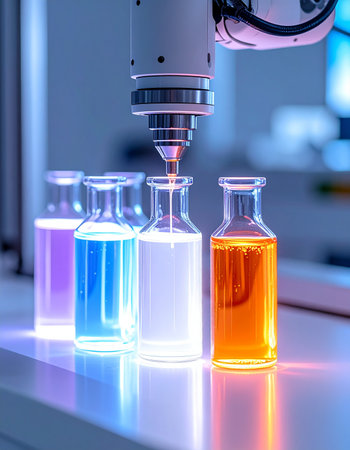 In a state-of-the-art laboratory, a robotic arm performs a delicate task with flawless precision, handling vials of vibrant chemical compounds.の素材