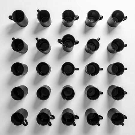 A striking minimalist composition from a top-down perspective, showcasing a perfect grid of black coffee mugs against a stark white background.の素材