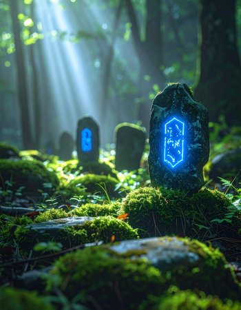 In the heart of an ancient, moss-covered forest, sacred stones awaken with a mysterious blue neon glow.の素材