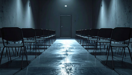 In a stark, concrete hallway, two rows of empty chairs face each other under harsh spotlights, leading to a single, closed door.の素材