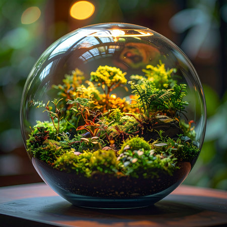A vibrant, self-contained world thrives within a crystal-clear glass sphere.の素材
