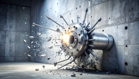 A high-tech kinetic device demonstrates immense power as it smashes through a reinforced concrete barrier.の素材