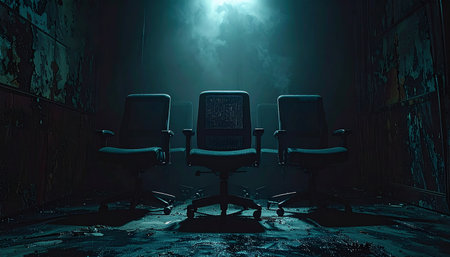 In a forgotten, water-damaged room, a single spotlight cuts through the darkness, illuminating three empty chairs.の素材