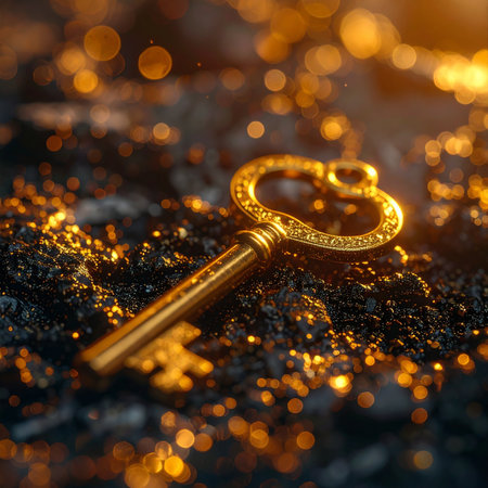 An ornate golden key rests upon a dark, textured surface, surrounded by a magical glow of sparkling bokeh lights.の素材