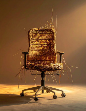 A striking juxtaposition of nature and modernity. A hand-woven wicker seat, with stray strands reaching out, is mounted on a sleek, wheeled office base.の素材