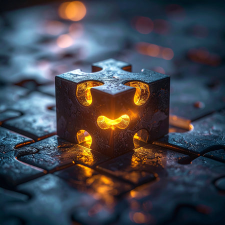 On a wet, reflective surface, a single metallic puzzle piece emits a warm, inviting glow from within.の素材