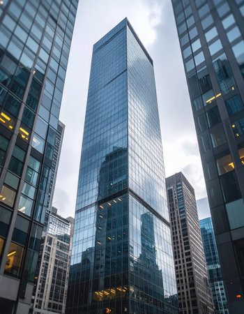 From a low-angle perspective, a towering glass skyscraper pierces the overcast sky, its reflective facade mirroring the surrounding urban canyon.の素材