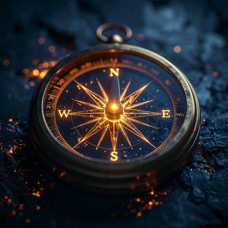 In the deep darkness, an ancient golden compass awakens with an inner light. Its luminous star points not just to the north, but towards a path of destiny and discovery.の素材