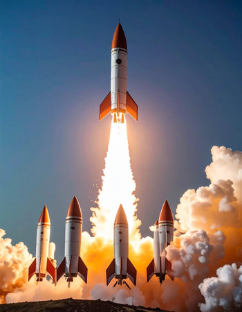 A fleet of rockets ignites in a synchronized display of immense power, their fiery plumes painting the sky.の素材