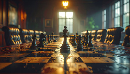 In a grand, dimly lit hall, the chessboard awaits the first move. The pieces stand ready for a battle of wits and strategy, with the queen poised at the forefront, a symbol of power and intellect.の素材