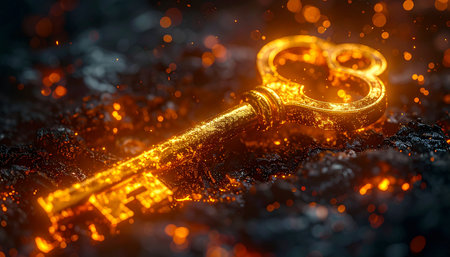 Forged in the heart of a volcano, a single golden key glows with immense power and ancient magic.の素材