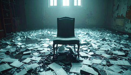 In a forgotten room where time stands still, a single chair sits amidst a sea of scattered pages.の素材