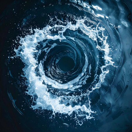 From a top-down perspective, a powerful vortex churns in dark, deep water.の素材