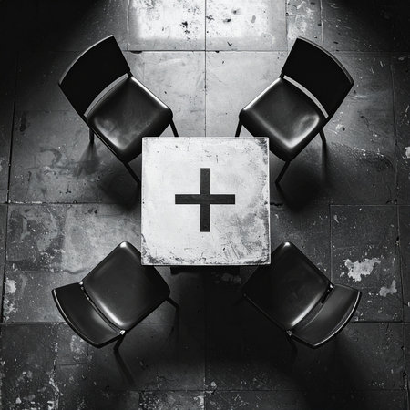 A stark, top-down view of four empty chairs surrounding a concrete table marked with a plus sign.の素材