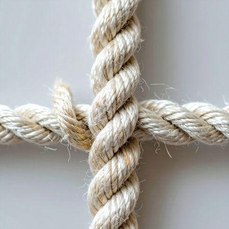 A detailed macro shot captures the intersection of two thick, natural fiber ropes, securely tied together.の素材