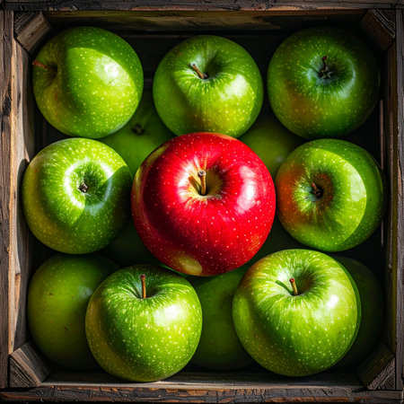 In a rustic wooden crate filled with crisp green apples, a single vibrant red apple sits at the center.の素材