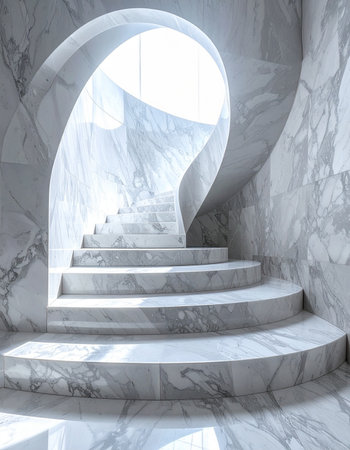 A beautifully crafted marble staircase spirals upwards towards a bright, ethereal light.の素材